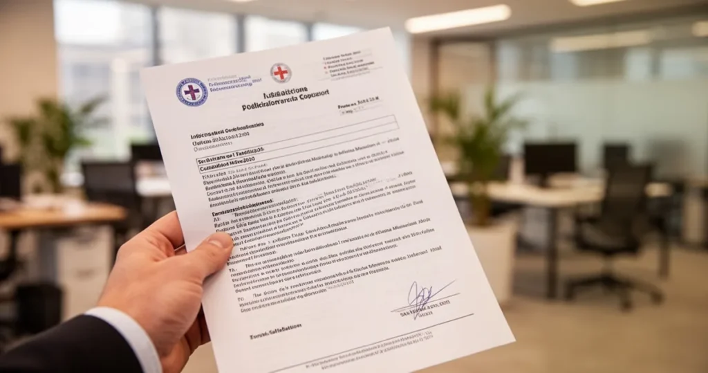 Dłoń trzymająca oficjalny dokument medyczny na tle rozmytego, nowoczesnego biura