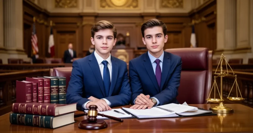 Młody prawnik w formalnym stroju siedzi przy drewnianym biurku w nowoczesnym sądzie, otoczony kodeksami i dokumentami