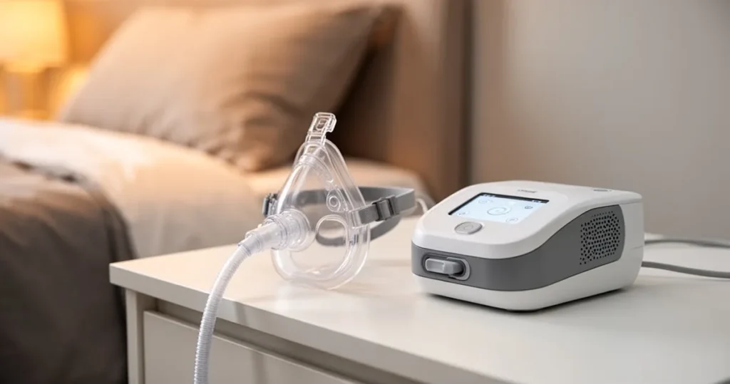 Nowoczesna maska i urządzenie CPAP na szafce nocnej z ciepłym oświetleniem, rozmytym tłem sypialni, kliniczny i wygodny desig