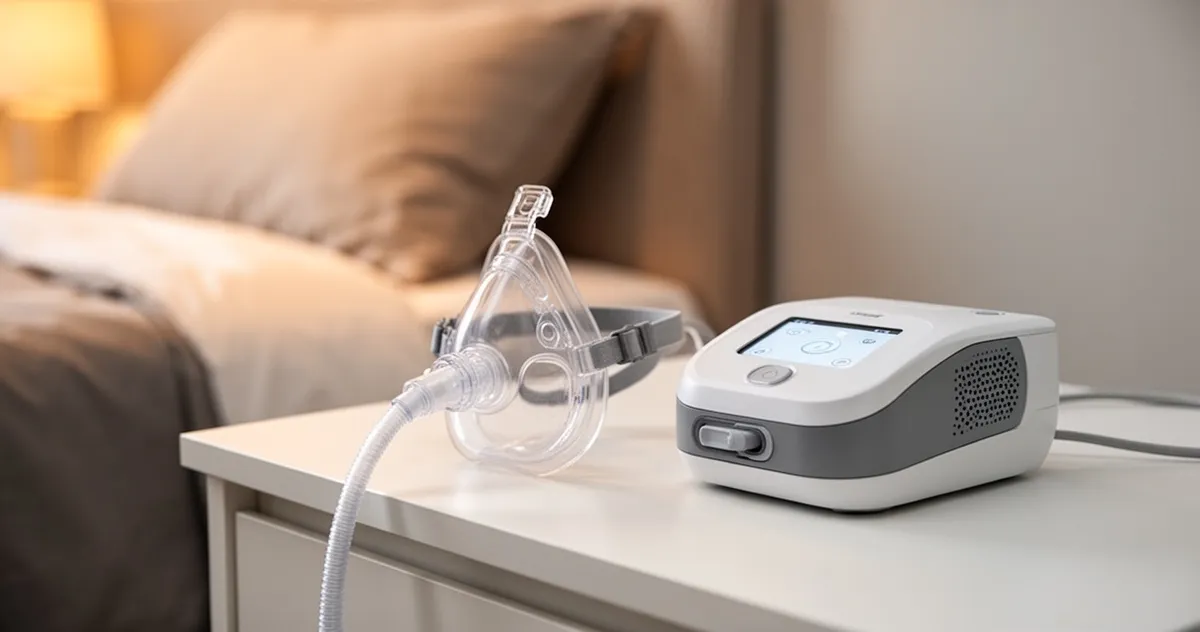 Nowoczesna maska i urządzenie CPAP na szafce nocnej z ciepłym oświetleniem, rozmytym tłem sypialni, kliniczny i wygodny desig