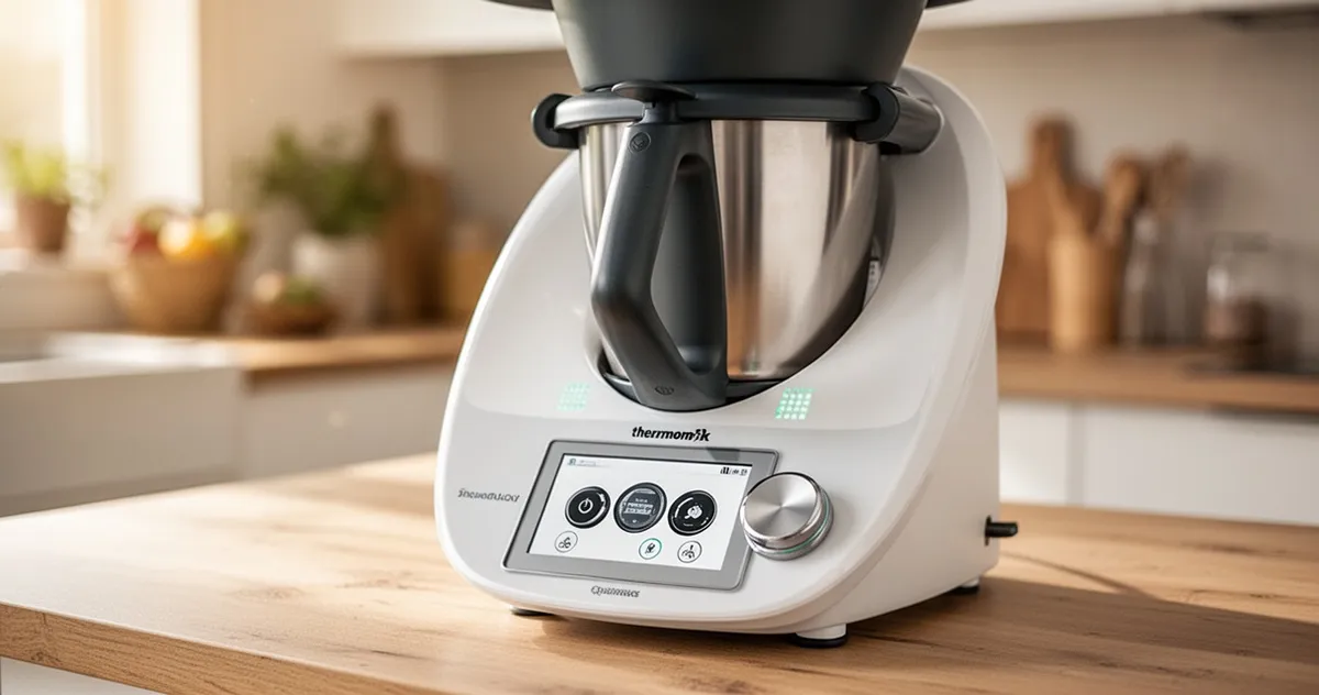 Nowoczesny robot kuchenny Thermomix na drewnianym blacie kuchni z naturalnym oświetleniem