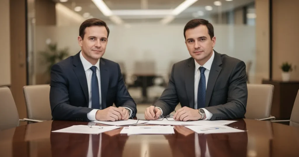 Biznesmen w formalnym garniturze siedzi przy błyszczącym stole konferencyjnym z dokumentami i szklankami, w tle rozmyty nowoc