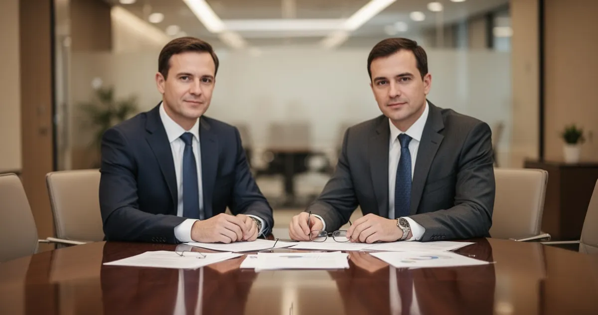 Biznesmen w formalnym garniturze siedzi przy błyszczącym stole konferencyjnym z dokumentami i szklankami, w tle rozmyty nowoc