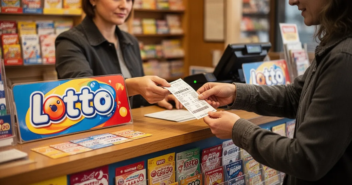Sprzedawca w kolekturze Lotto podający kupon klientowi