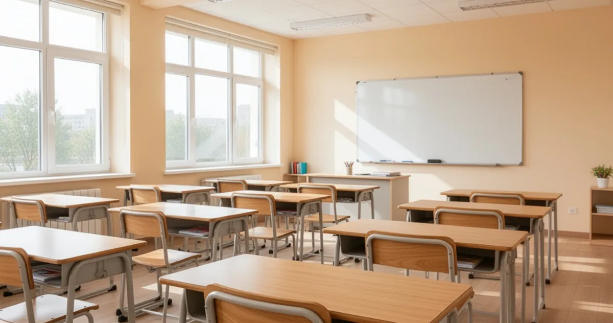 Nowoczesna, jasna sala lekcyjna z drewnianymi ławkami i tablicą