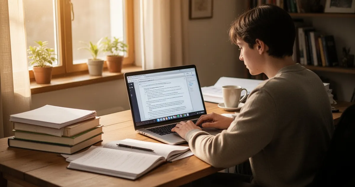 Osoba studiująca online przy laptopie z notatkami i książkami na biurku