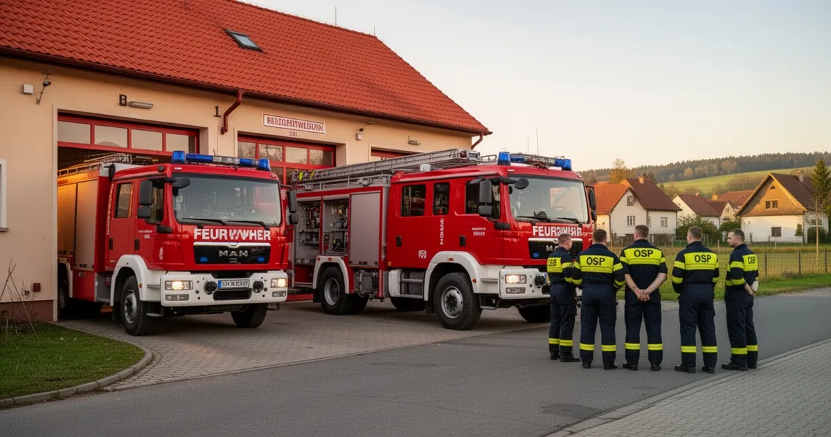 Remiza OSP z wozem strażackim i strażakami w umundurowaniu
